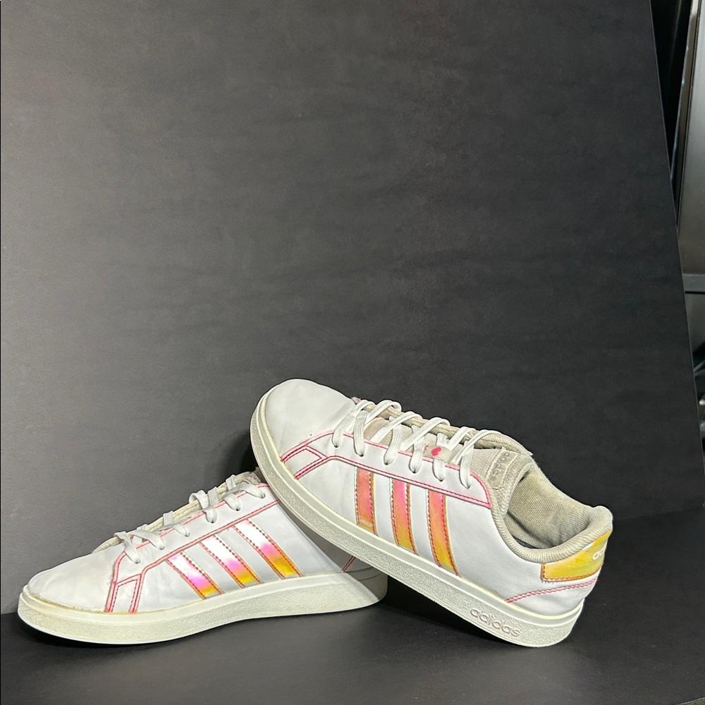 Custom Adidas Kids Sneakers in White with Pink and Yellow Stripes